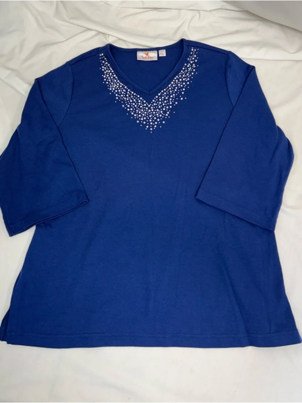 Quacker Factory Royal Blue Two-Piece Top and Pants with Rhinestone Matching Set - Picture 2 of 14